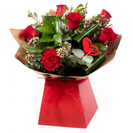 6 Red Roses , foliage and gypsophila