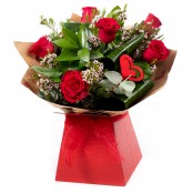6 Red Roses , foliage and gypsophila